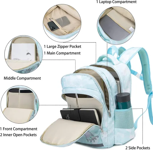 Miniatura 4 de YCBB Juego de mochilas escolares para niñas, azul, (Blue Mermaid), Mochila, compatible, viaje