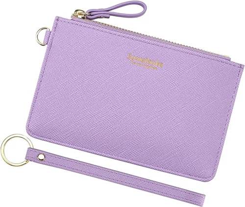 Miniatura 18 de Estuche Delgado para Tarjetas RFID para Mujer con Correa de Muñeca, Cartera con Cremallera para ID, Cartera de Cuero Pequeña, Monedero con Llavero