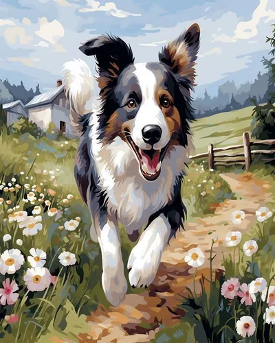 Miniatura 13 de Pintura al óleo por números para principiantes, Border Collie corriendo sobre la hierba, kits de pintura por números, pintura al óleo, lienzo