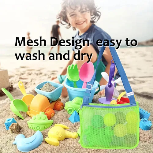 Miniatura 5 de UTTPLL Bolsa de playa de malla colorida ajustable para niños, bolsa de red de secado rápido para conchas marinas que recolecta arena juguete Verde
