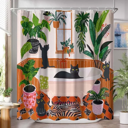 Miniatura 5 de Divertida cortina de ducha con diseño de gatos negros, estilo bohemio, bonita, divertida, para baño, gatito, verde, hojas tropicales, beige, marrón