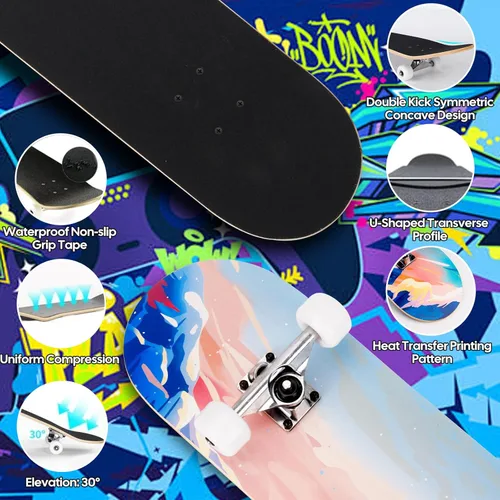 Miniatura 5 de Patinetas para principiantes, adultos, jóvenes, adolescentes, niños o niñas, de 31 x 8 pulgadas, patinetas completas de 7 capas de madera de arce