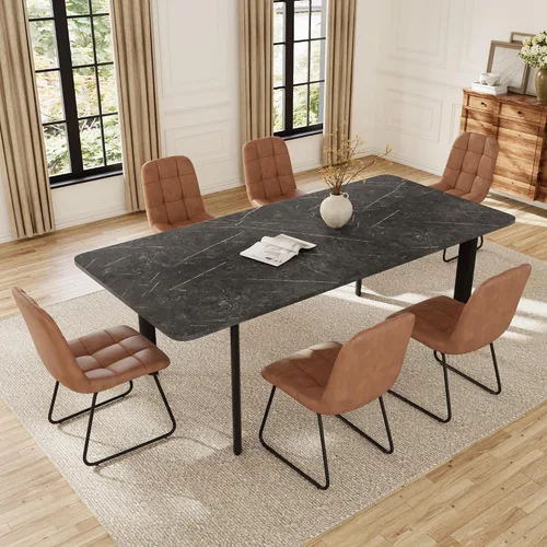 Miniatura 8 de HIPIHOM Mesa de comedor extensible para 6-8 personas, mesa rectangular de 63 a 78.7 pulgadas, MDF blanco con patas de metal resistentes, ahorro