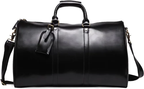 Leathario Bolsa de viaje de cuero genuino para el fin de semana de la noche para los hombres, equipaje de mano, Negro-S, Pequeña, Vintage