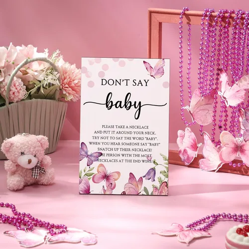 Miniatura 4 de Roowest 51 No Digas Juego de Baby Shower Mariposa Decoraciones de Baby Shower Incluídas Juego de Mariposa Letrero de Mesa de Madera 50 Collares