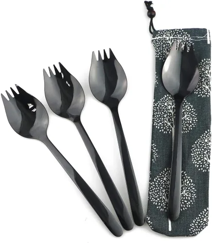 4 tenedores negros para uso doméstico, campamento, viajes, senderismo, cuchara de acero inoxidable 18/10, cuchara de postre de fideos, juego de