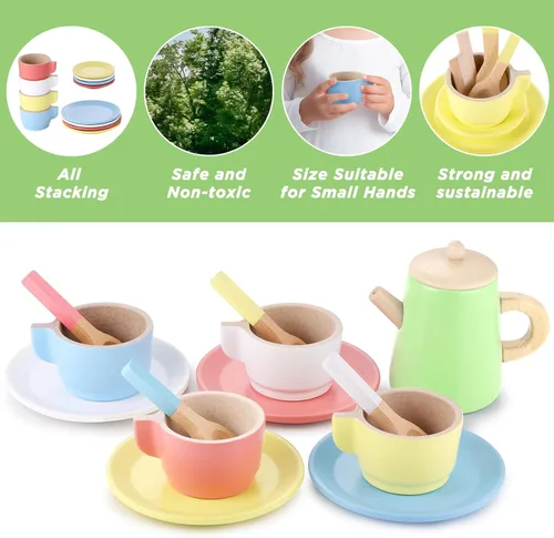 Miniatura 5 de GAGAKU Juego de té de madera y platos de madera 2 en 1, juego de comida de juguete 28 piezas Montessori Play Accesorios de cocina para niños