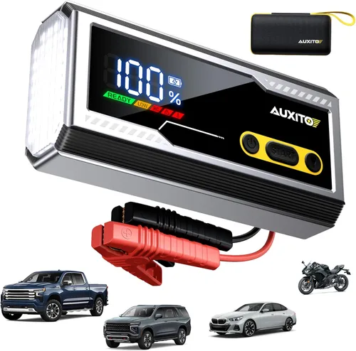 AUXITO Arrancador de 6000A, arrancador de batería de coche de 12V, hasta todos los motores de gasolina y diésel de 12L con pantalla LED, caja de