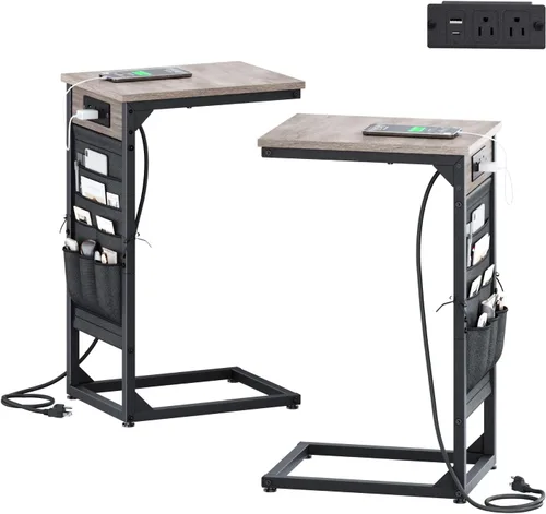 Miniatura 9 de Mesa auxiliar en forma de C con estación de carga rápida, mesa lateral pequeña para sofá con bolsa de almacenamiento, bandeja de TV para sofá
