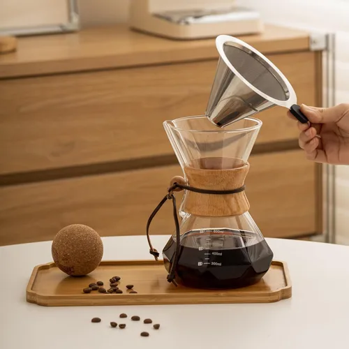 Miniatura 5 de Cafetera de Goteo con Funda de Madera, Cafetera de Goteo de 13.5oz/400ml, Juego de Cafetera de Goteo con Tapón de Corcho (13.5oz/400ml)