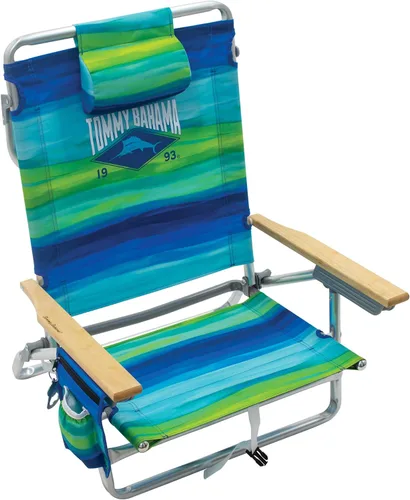Tommy Bahama - Silla plegable clásica para playa con 5 posiciones y mochila, rayas azules y verdes, 23 x 25.25 x 31.5 pulgadas