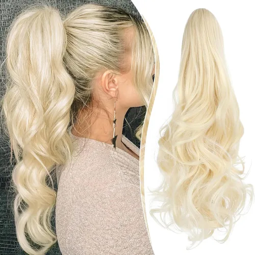 Miniatura 33 de Felendy Extensión de cola de caballo de 18 pulgadas, mezcla de rubio ceniza, marrón oscuro, rizado, ondulado, con clip, extensiones de cabello largo