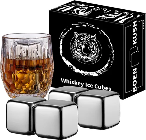 4 piedras grandes para whisky de 64 cm³ (4 pulg³) - Juego para regalo de hombre - Cubos esféricos de hielo de acero inoxidable reutilizables para 4