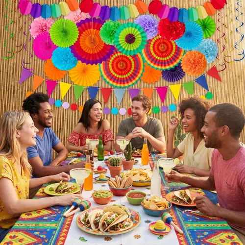 Miniatura 5 de Juego de 35 piezas de decoración para fiesta con abanicos de papel - Pom Poms del Cinco de Mayo, banderines, guirnaldas, pancartas, remolinos
