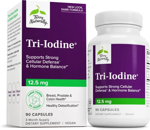 Terry Naturally Tri-Yodine 12,5 mg - 12500 mcg de yodo, 90 cápsulas veganas - Apoya el equilibrio hormonal, promueve la salud de los senos y la