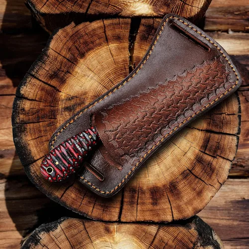 Miniatura 7 de 8" Cuchillo de corte de toro de Damasco hecho a mano con funda de cuero - Cuchillo de vaquero occidental para caza, despellejado, acampada y Rojo