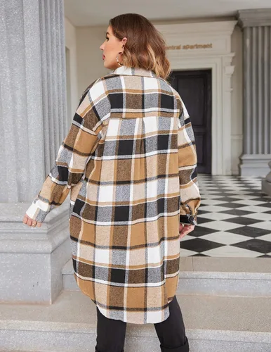 Miniatura 3 de IN'VOLAND Camisas de franela a cuadros de talla grande para mujer, manga larga, con solapa, estilo novio, con botones, chaqueta larga de tartán