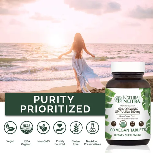Miniatura 4 de Natural Nutra Tabletas de espirulina orgánica 100% USDA, píldoras de proteína de algas verdes azules con minerales ricos, ayuda a la salud