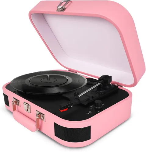 Miniatura 8 de Tocadiscos Vintage Suitcase, tocadiscos portátil Bluetooth de 3 velocidades con altavoces integrados, para discos de vinilo de 7/10/12 pulgadas
