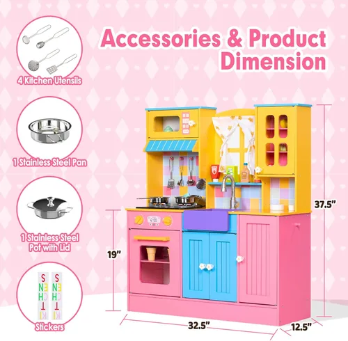 Miniatura 7 de BRINJOY Juego de cocina para niños, cocina de madera para niños con grifo, fregadero, estufa, horno, cortinas, utensilios de cocina, armarios