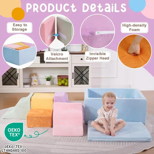 Miniatura 5 de 7 Piezas Bloques de Escalada de Espuma para Niños Pequeños Juego Suave para Bebés con Piscina de Pelotas Cuadrada, Escaladores