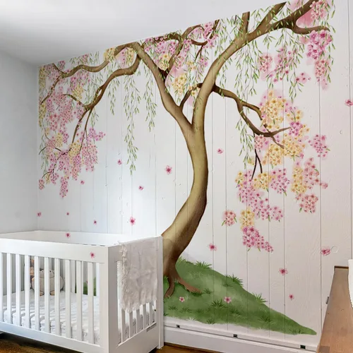 Miniatura 4 de Calcomanías de Pared Grandes de Árbol de Cerezo Rosa y Amarillo con Hojas Verdes, Calcomanías de Pared Florales Grandes para Sala de Estar, Fondo