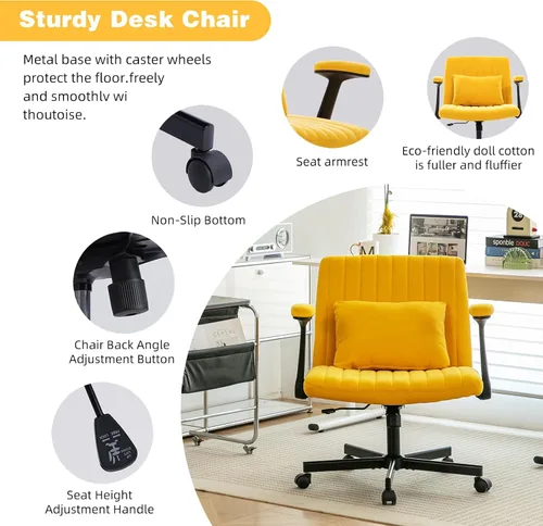 Miniatura 4 de Silla de oficina de terciopelo con patas cruzadas con ruedas y brazos abatibles ajustables, silla de asiento ancha giratoria para oficina en casa