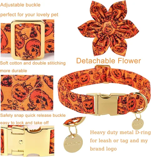 Miniatura 3 de Collar XL para cachorros de Halloween con flores de algodón, hebilla de metal duradera, 16-26 pulgadas
