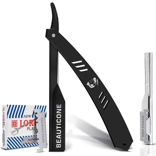 BEAUTICONE Maquinillas de afeitar rectas para hombres, maquinilla de afeitar de borde recto, cuchillas de repuesto de un solo filo, acero