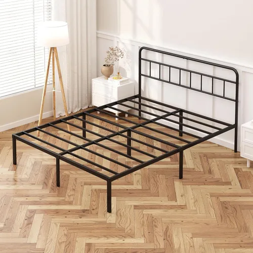 Miniatura 7 de Kujielan Marco de cama tamaño Queen de 12 pulgadas con cabecera minimalista, base de plataforma de metal con listones de metal fuertes, base