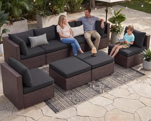 Miniatura 112 de NICESOUL Juego de muebles de patio para exteriores de 7 piezas con mesa para hoguera, gas natural y propano convertible, respaldo alto de 29.3