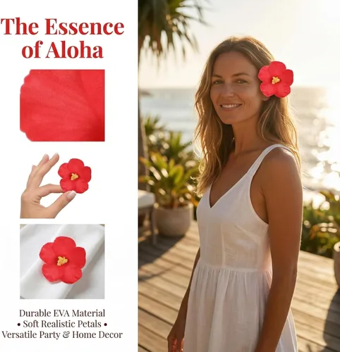 Miniatura 9 de Garneck 10 flores artificiales de hibisco, flores tropicales de imitación, flores de hibisco falsas rojas, plumeria vívida para Hawaii Luau mesa