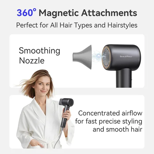 Miniatura 4 de Secador de Pelo BeautiFlow 110,000 RPM Motor Sin Escobillas de Alta Velocidad Iónico, con Difusor y Boquilla Suavizante, Bajo Nivel de Ruido, Ligero