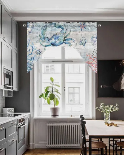 Miniatura 4 de Cortinas de cocina con cenefa de cangrejo oceánico, cenefa con bolsillo para barra, paneles de cortina para dormitorio, sala de estar, baño