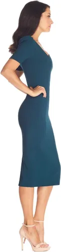 Miniatura 3 de Dress the Population Ruth - Vestido midi ajustado con cuello asimétrico y mangas cortas abombadas para mujer