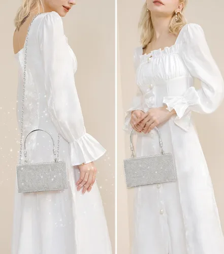 Miniatura 6 de Comeon Bolso de mano de noche con purpurina y diamantes de imitación brillantes para mujer, bolso plateado con cristales brillantes para baile