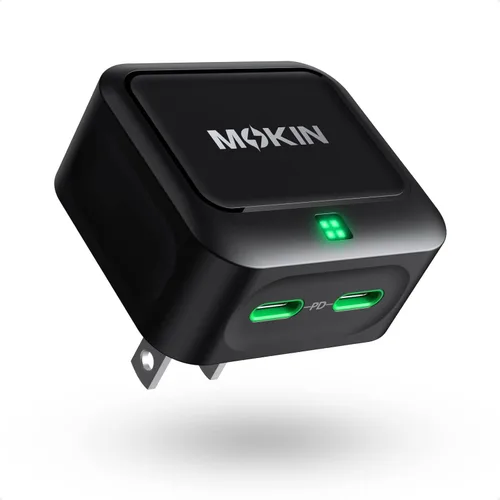 Bloque de cargador USB C de 40 W, doble puerto tipo C, bloque de carga rápida, adaptador de corriente PD GaN+ con enchufe plegable, cargador de
