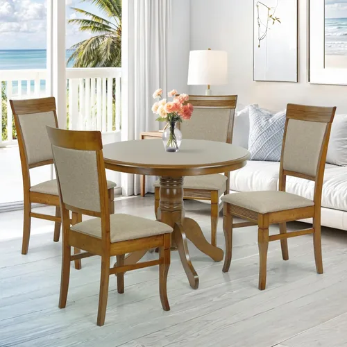 Miniatura 16 de Juego de mesa de comedor de 3 piezas, 2 sillas tapizadas Ronda de madera maciza de estilo clásico con mesa de comedor redonda, juego de cocina