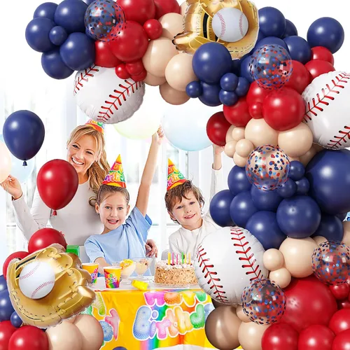 Miniatura 5 de Kit de Guirnalda de Arco de Globos de Béisbol, 166 Piezas Globos Azul Marino Rojo Nude y Confeti con Globos de Papel de Aluminio de Béisbol