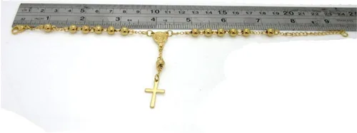 Miniatura 2 de Blowin Rosario de acero inoxidable pulsera de cruz de oración católica ajustable, oro