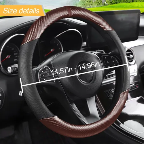 Miniatura 2 de LoyaForba Funda de volante de fibra de carbono para coche, cuero de microfibra transpirable para mujeres y hombres, protector de volante Café