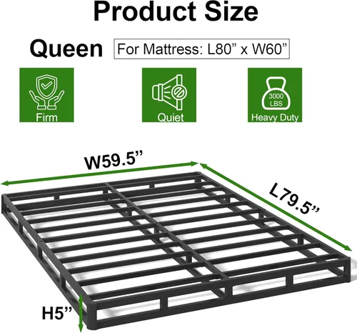 Miniatura 2 de Base de cama tamaño Queen con somier, perfil bajo de 5 pulgadas, base de colchón de metal de servicio pesado de 3000 libras con funda de tela, fácil