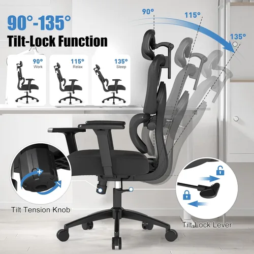 Miniatura 7 de Silla de oficina ergonómica con soporte lumbar ajustable, brazos y reposacabezas 3D, respaldo alto, silla de computadora de escritorio ancha