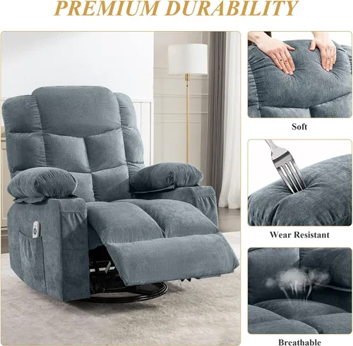 Miniatura 4 de MAHOMICO Swivel Rocker Recliner Chair with Vibration Massage and Heat for Living Room,with Rocking Function and Side Pocket, USB Charge Port,2 Cup