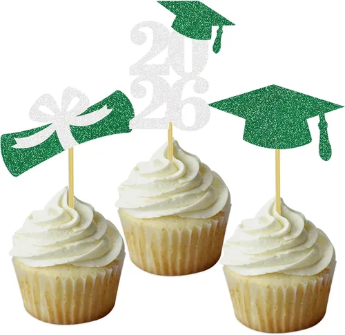 Miniatura 30 de Decoración para cupcakes de graduación, decoración de fiesta de graduación, selecciones de alimentos, felicitaciones, tapa de diploma con purpurina