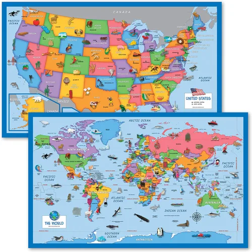 Paquete de 2 – Mapa del mundo y Estados Unidos para niños [ilustrado] – Juego de 2 carteles (laminado, 18 x 29 pulgadas)