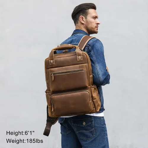 Miniatura 6 de TIDING - Mochila para portátil de cuero de grano completo de 15.6 pulgadas para hombre, mochila grande casual para viaje, estilo vintage, para fin