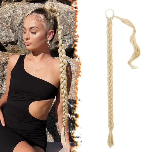Miniatura 53 de Barsdar Extensión de 26 Pulgadas de Cola de Caballo Trenzada Larga con Banda Elástica - Extensiones de Cabello en Cola de Caballo Recta y Elegante
