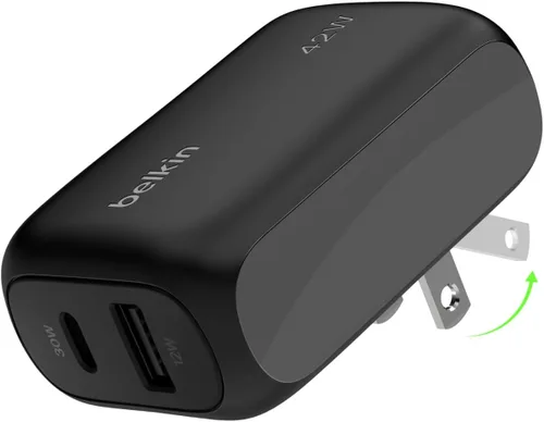 Belkin Bloque de cargador de doble puerto de 42 W, cargador USB-C + USB-A de carga súper rápida - Samsung Galaxy S26, Apple iPhone 17, Air, Pro, Pro