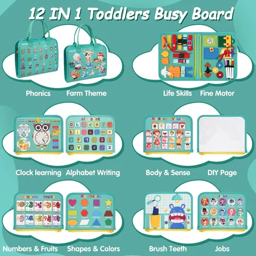 Miniatura 2 de Montessori Busy Board - Juguetes de aprendizaje sensorial para niños pequeños de 3 a 6 años, 10 páginas, 32 actividades, juguetes educativos